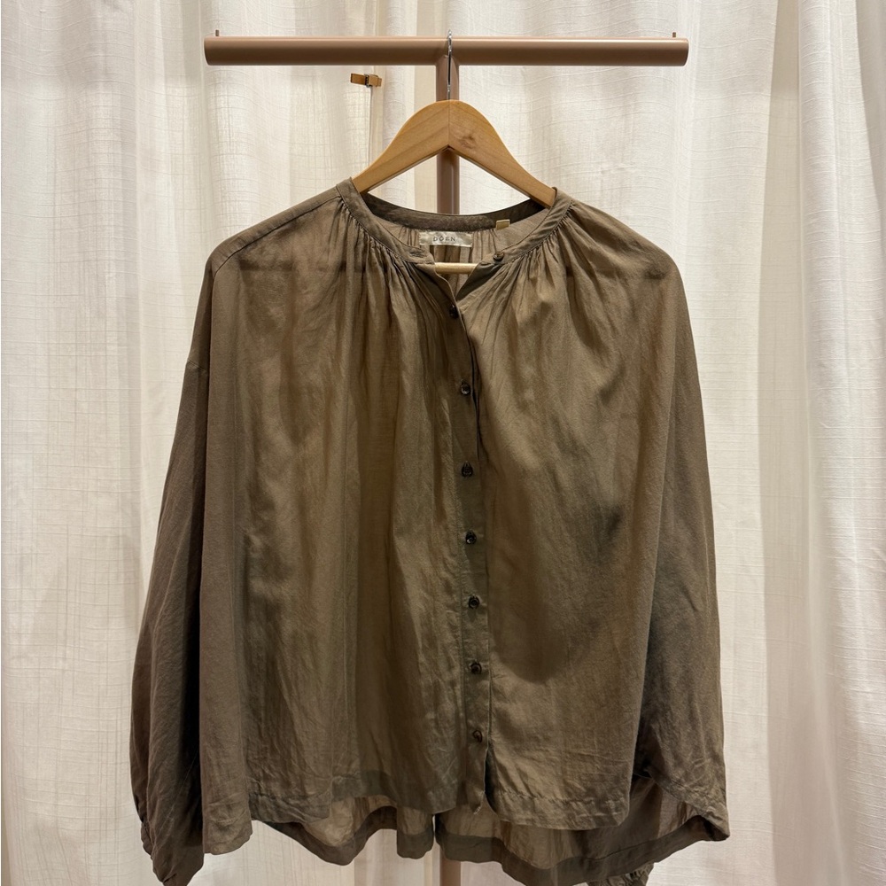 Like New Doen Jane Olive Green Silk Gathered Button-Front Blouse